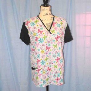 Divine Nature Scrub Top Butterflies Birds Floral L Daisies Pockets Medical Pets